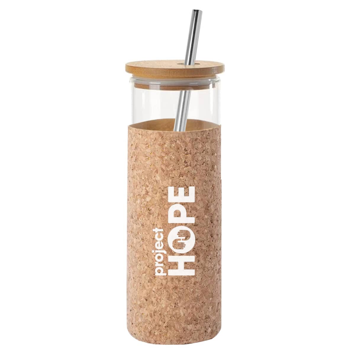 Cork-covered glass bottle with Project HOPE text and bamboo lid.