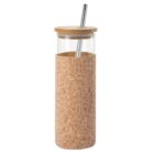 Glass tumbler with cork sleeve, bamboo lid, and metal straw.