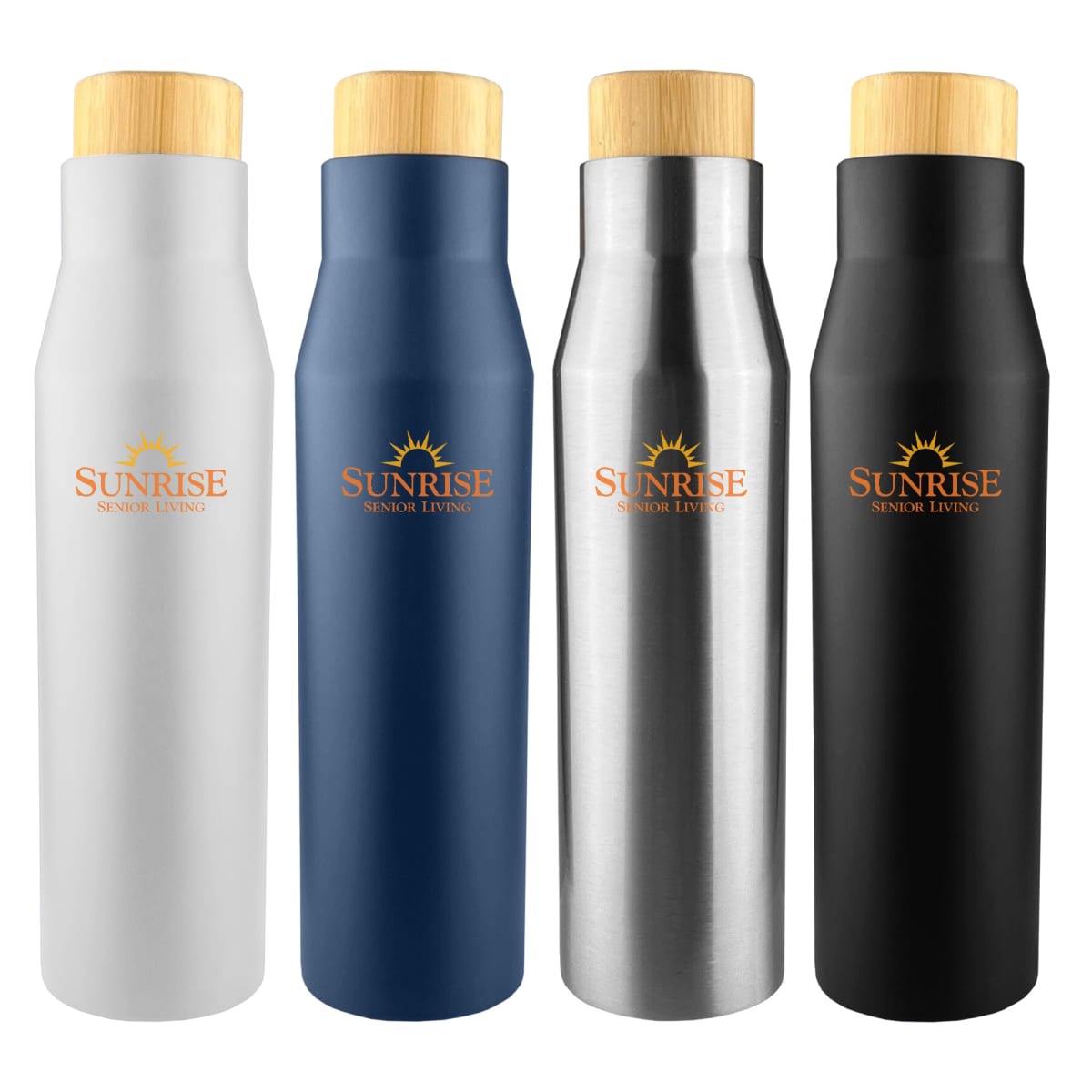 Four insulated bottles with wooden lids in white, blue, silver, and black.