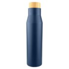 Blue insulated water bottle with a wooden cap.