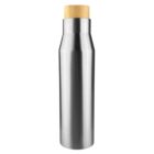 Stainless steel water bottle with a wooden cap on a white background.