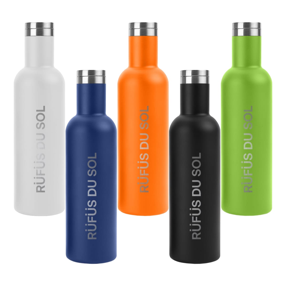 Five colorful bottles with RÜFÜS DU SOL text, in white, blue, orange, black, and green.