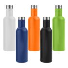 Five colorful insulated water bottles in white, blue, orange, black, and green.