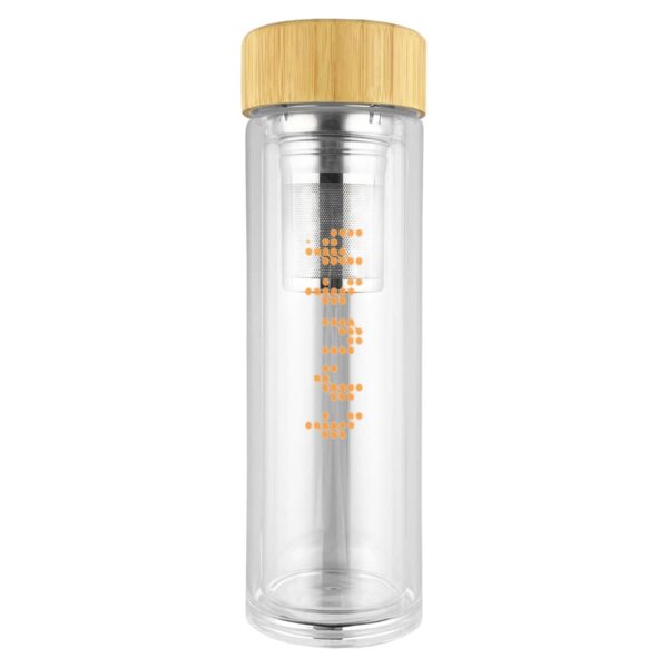 Clear glass tumbler with bamboo lid and infuser inside.