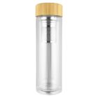 Transparent glass bottle with a bamboo lid and a metal tea infuser inside.