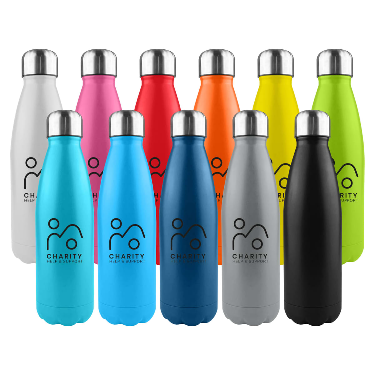Colorful charity-branded water bottles arranged in three rows.