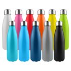 A collection of colorful insulated water bottles with silver caps, lined up in rows.