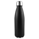 Black insulated bottle with a shiny metallic cap on a plain white background.