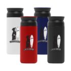 Four travel mugs with Grim Ripper design in white, red, blue, and black colors.
