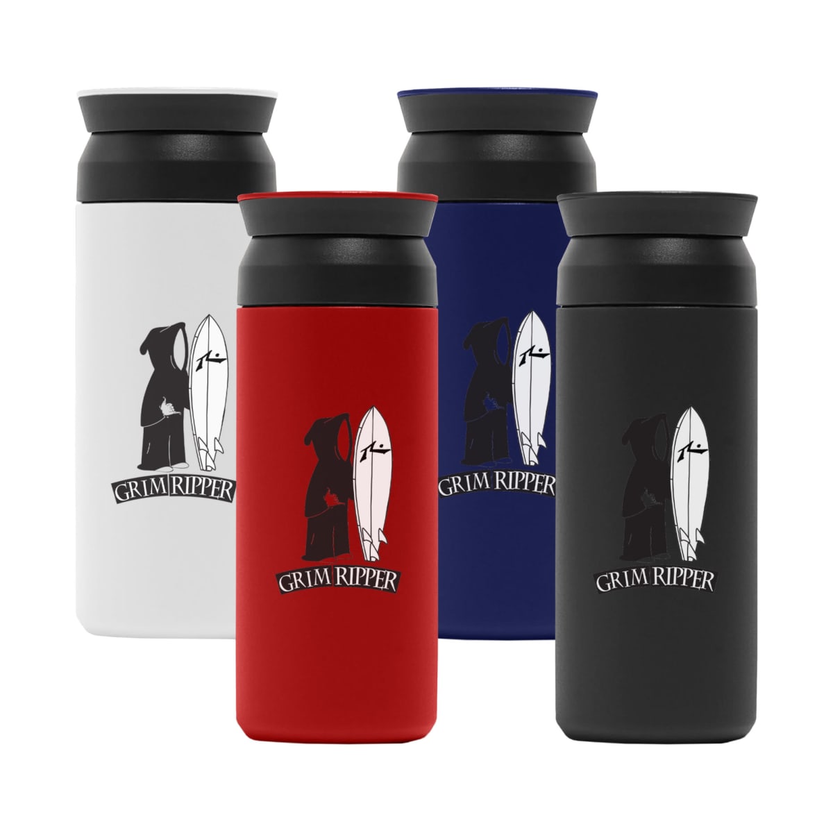 Four travel mugs with Grim Ripper design in white, red, blue, and black colors.