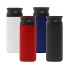 Four thermos bottles in white, red, blue, and black on a white background.