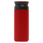 Red travel mug with black lid on a white background.