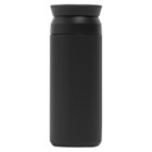 A black, cylindrical insulated travel mug with a lid on a white background.