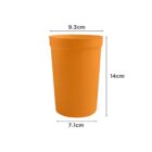 Orange cylindrical container with dimensions labeled: 9.3cm x 7.1cm x 14cm.