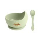 Light green baby bowl with BabyBear logo and matching spoon on a white background.