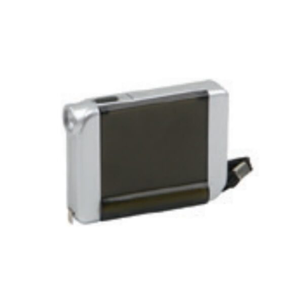 Silver and black tape measure with retractable metal tape.