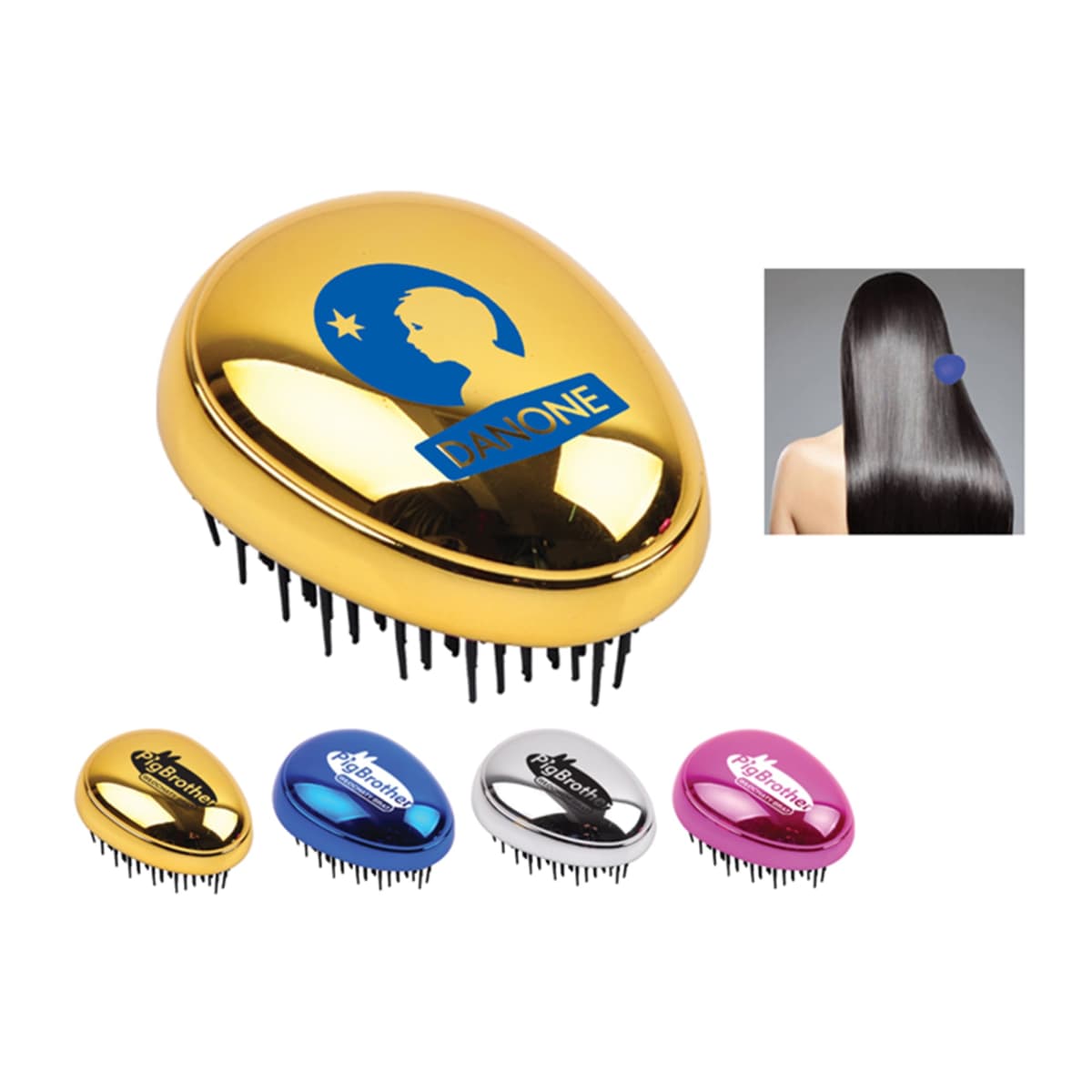 Gold hairbrush with logo, shown with hair, and in various colors: gold, blue, silver, pink.