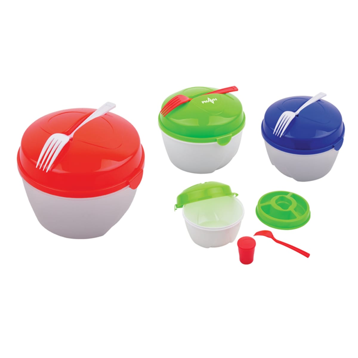 Four round lunch containers with lids and utensils in red, green, and blue.