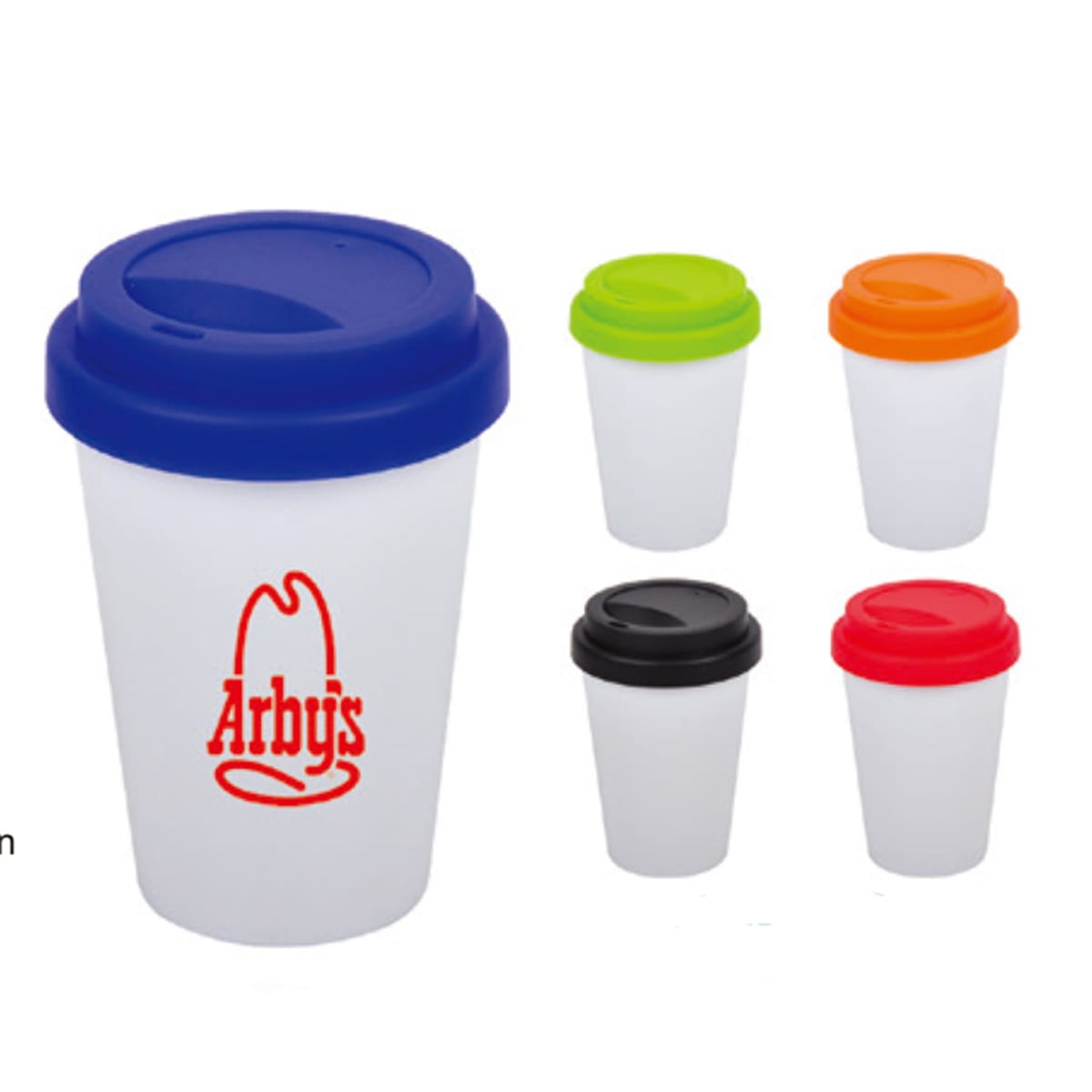 Five reusable cups with colored lids and an Arbys logo on each.