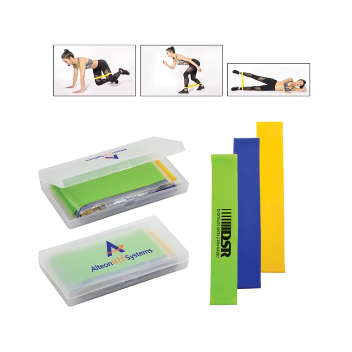 Three resistance bands with a case; woman demonstrates exercises in three small photos above.