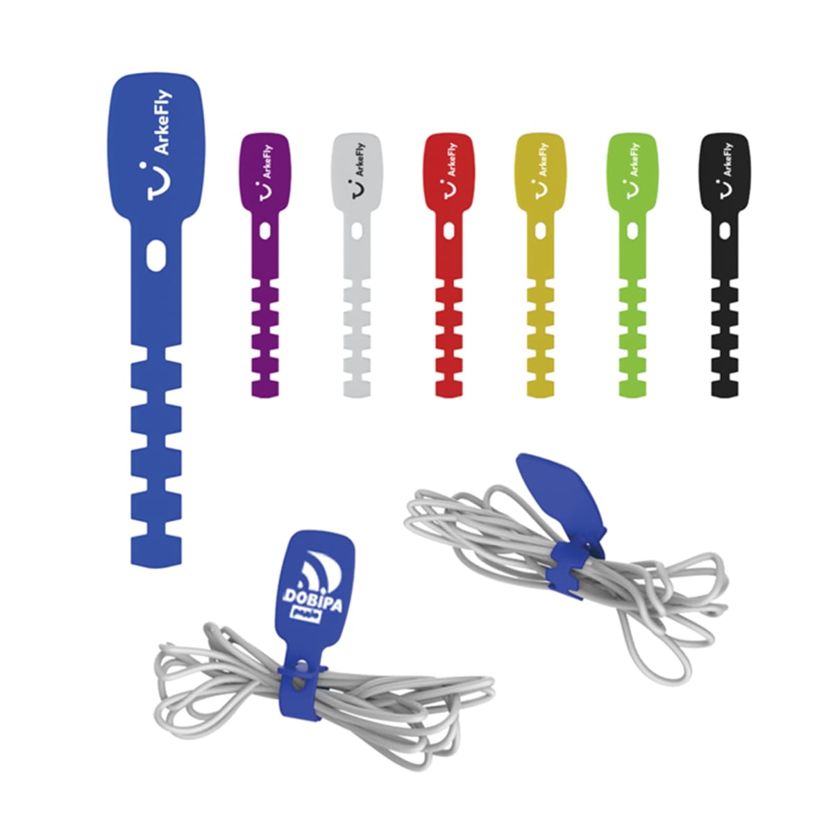 Colorful silicone cable ties in various colors, some shown organizing white cords.