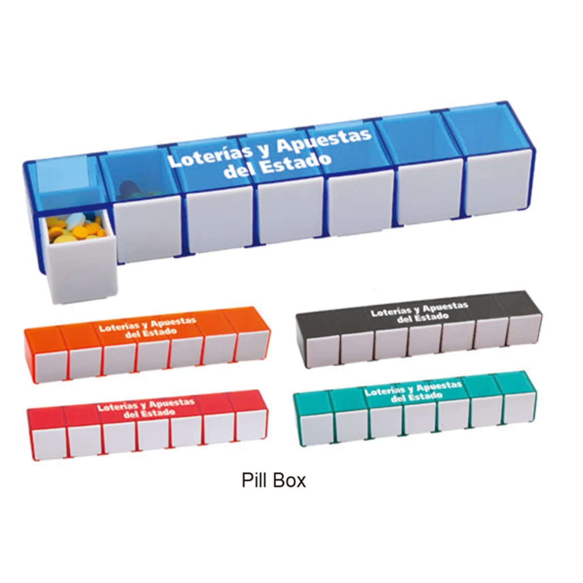 Rectangular weekly pill boxes in various colors, one compartment filled with yellow pills.