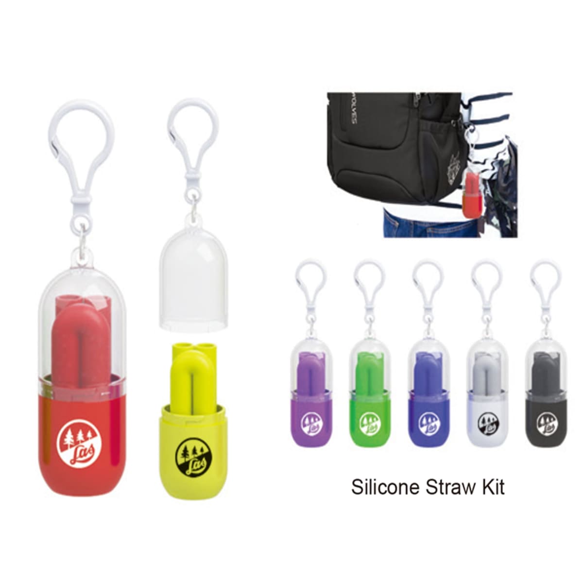 Silicone straw kits in cases with clips, shown in red, yellow, purple, blue, and black.