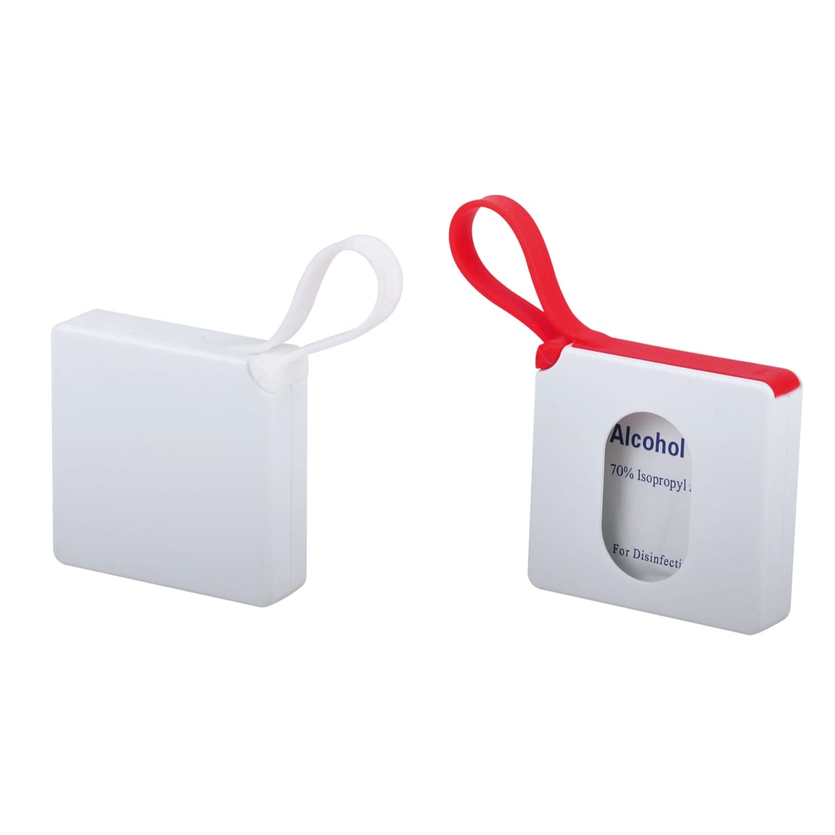 Two white portable hand sanitizers with red and white straps.