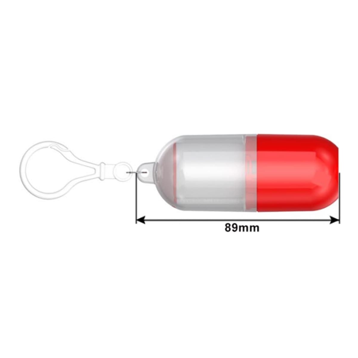 Red and white capsule-shaped container with a hook and 89mm label.