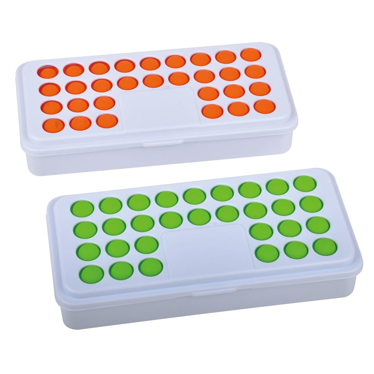 Two white containers with orange and green dot lids.