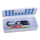 Open white pencil case with various pens and markers inside, lid has blue circles.