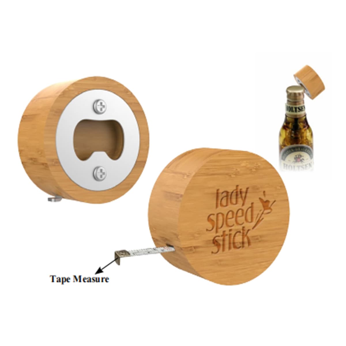 Round, wooden tape measure and bottle opener combo with lady speed stick engraving.