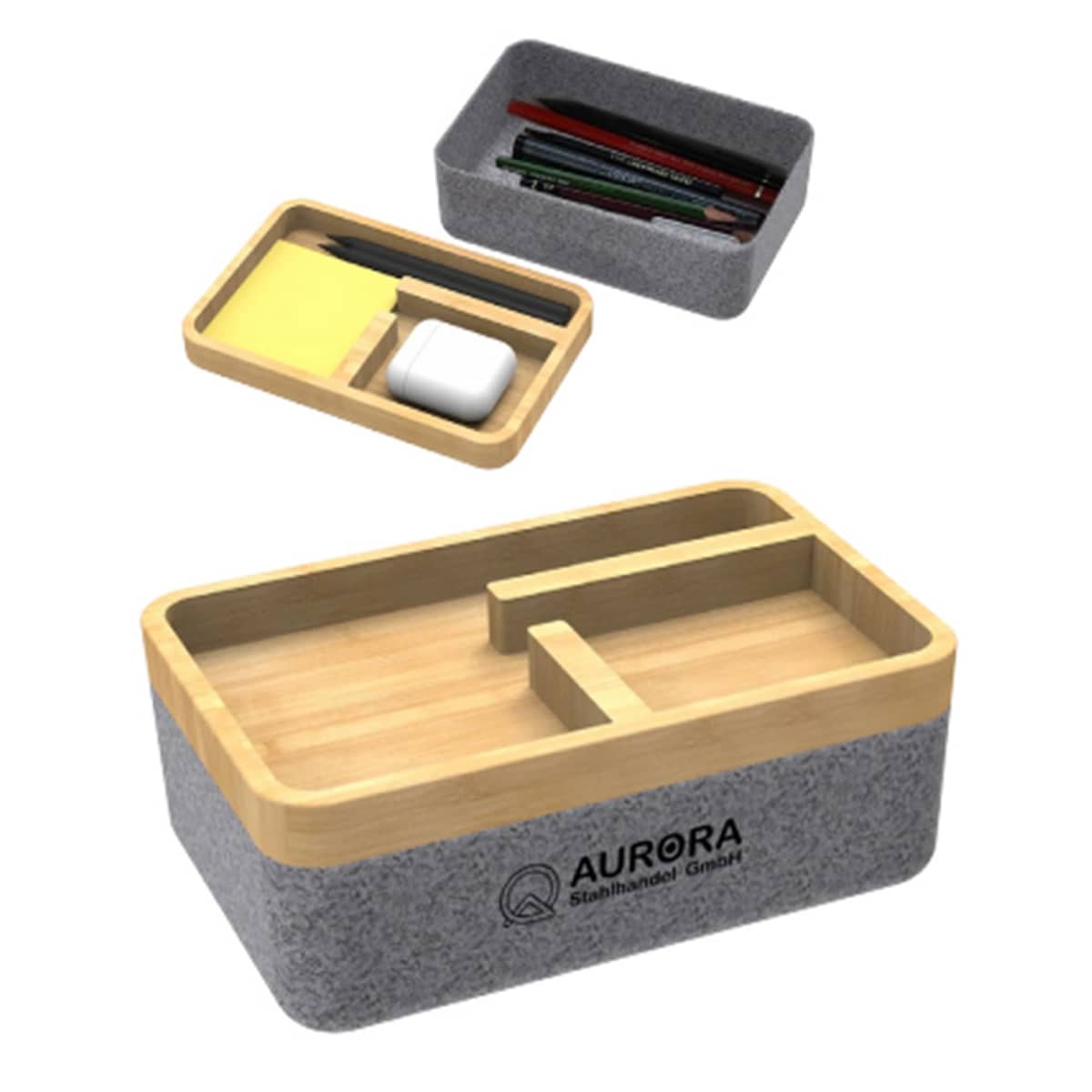 Rectangular desk organizers with pens, sticky notes, and logo Aurora Stahlhandel GmbH.