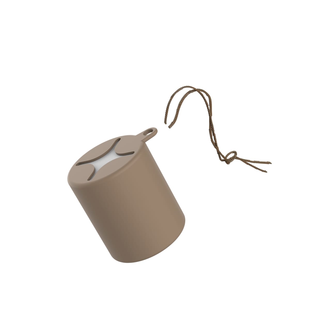 Beige cylindrical container with a string handle and star-shaped opening on top.