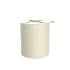 Beige cylindrical container with a handle and cross-shaped opening on top.