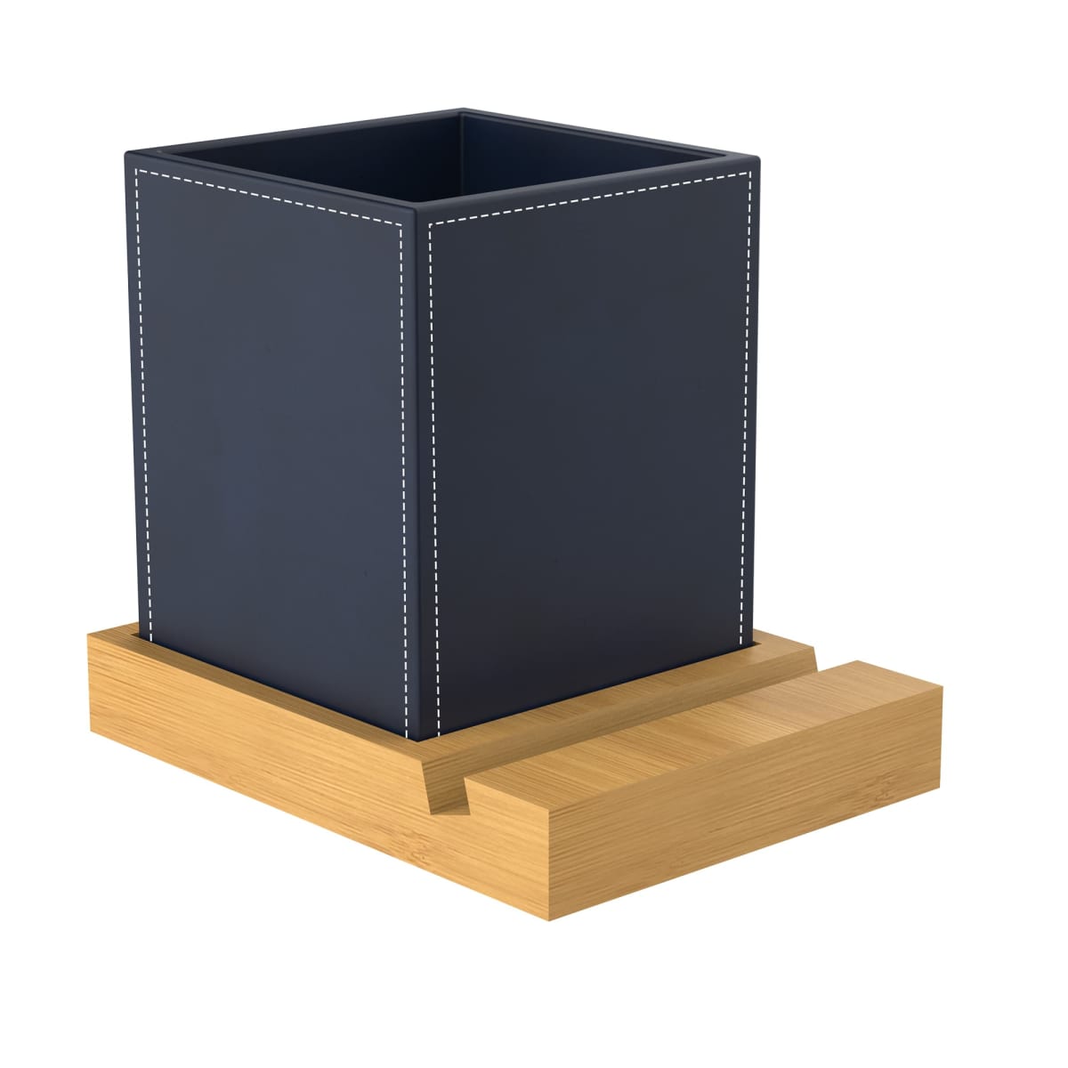 Dark cube planter on a wooden tray, viewed from a 3/4 angle.