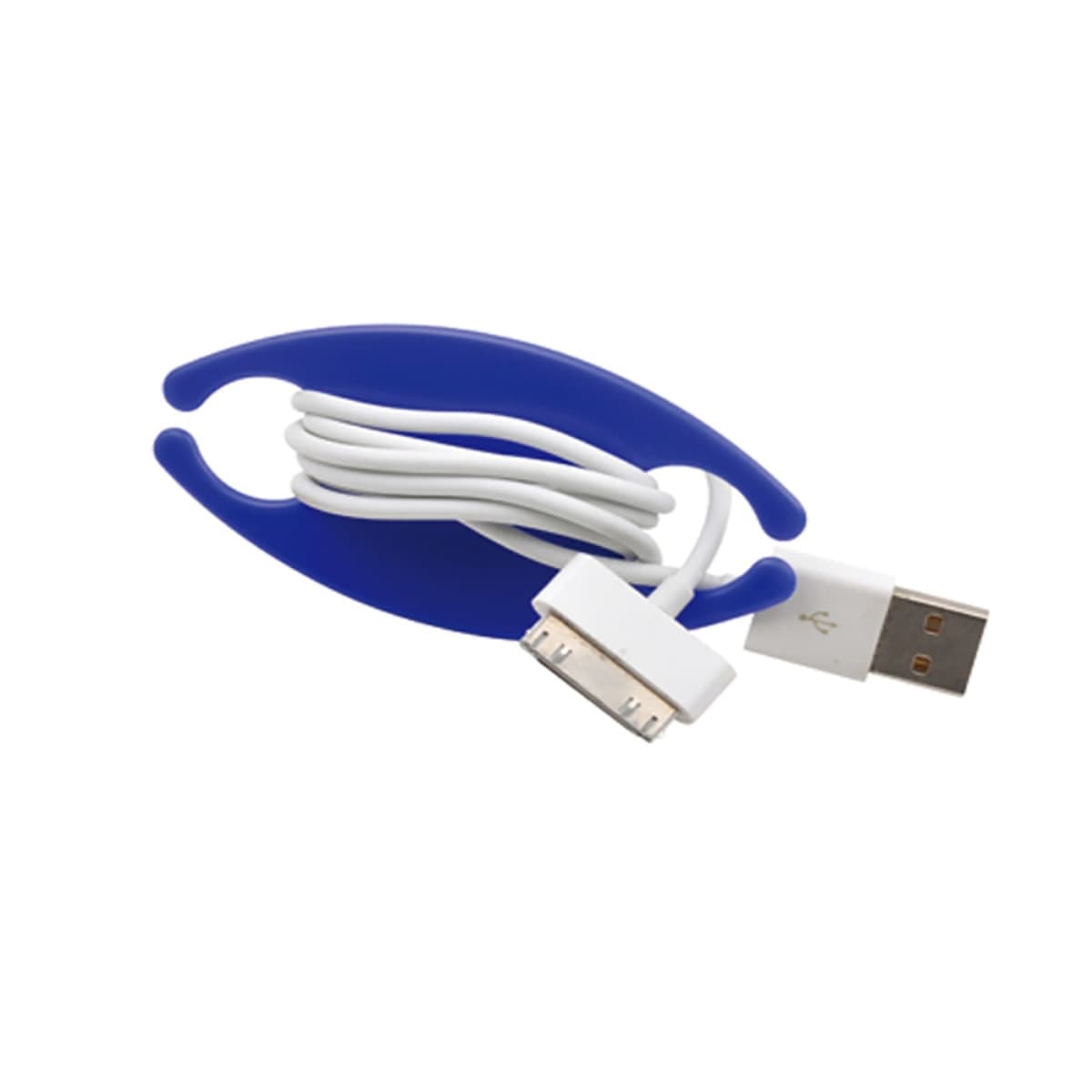 Blue cable organizer holding a white USB charging cable on a white background.