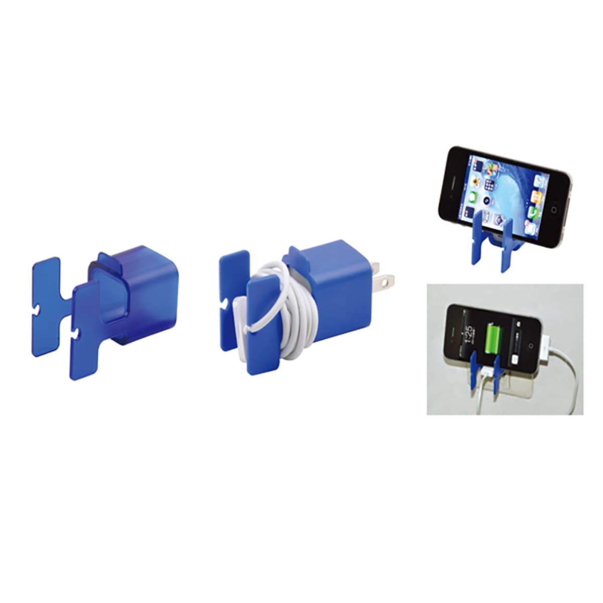Blue plastic phone holder and charger organizer shown with various uses and an inserted smartphone.