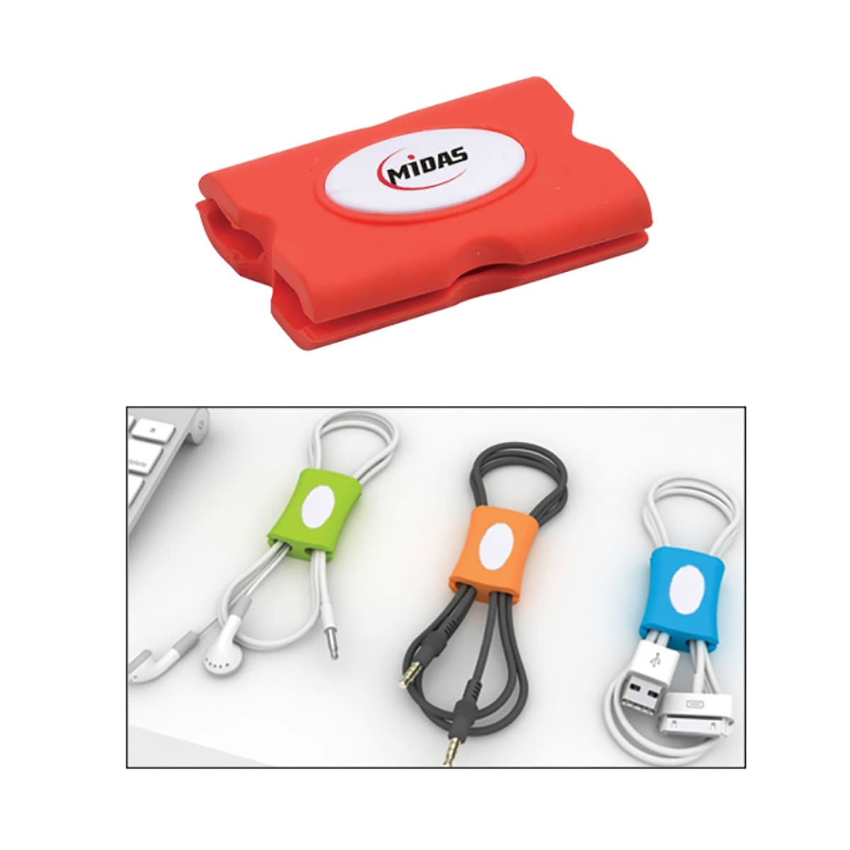 Red silicone cable organizer clip, plus examples of cables secured with colorful clips.