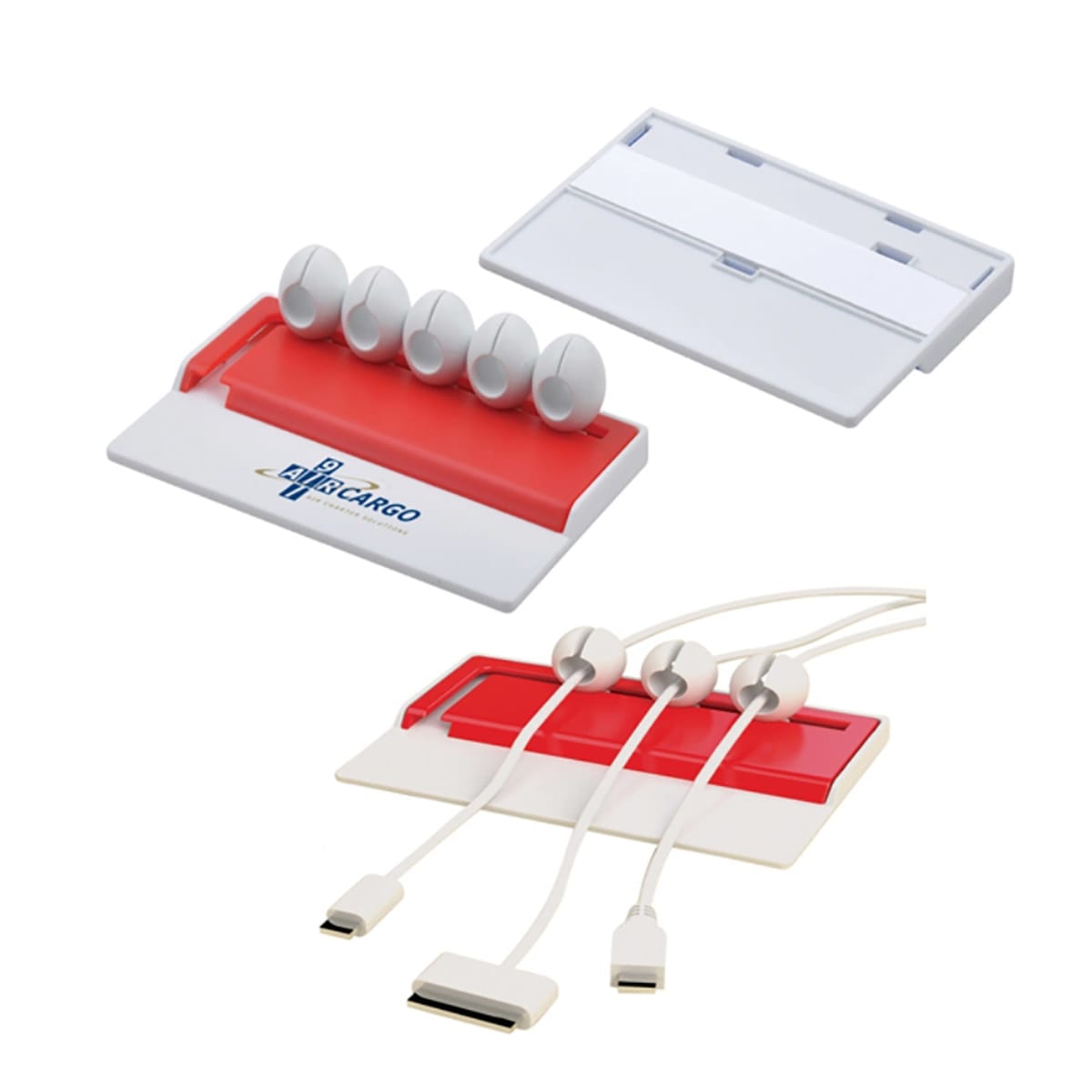 Desk cable organizer with white and red base, holding multiple charging cables and connectors.