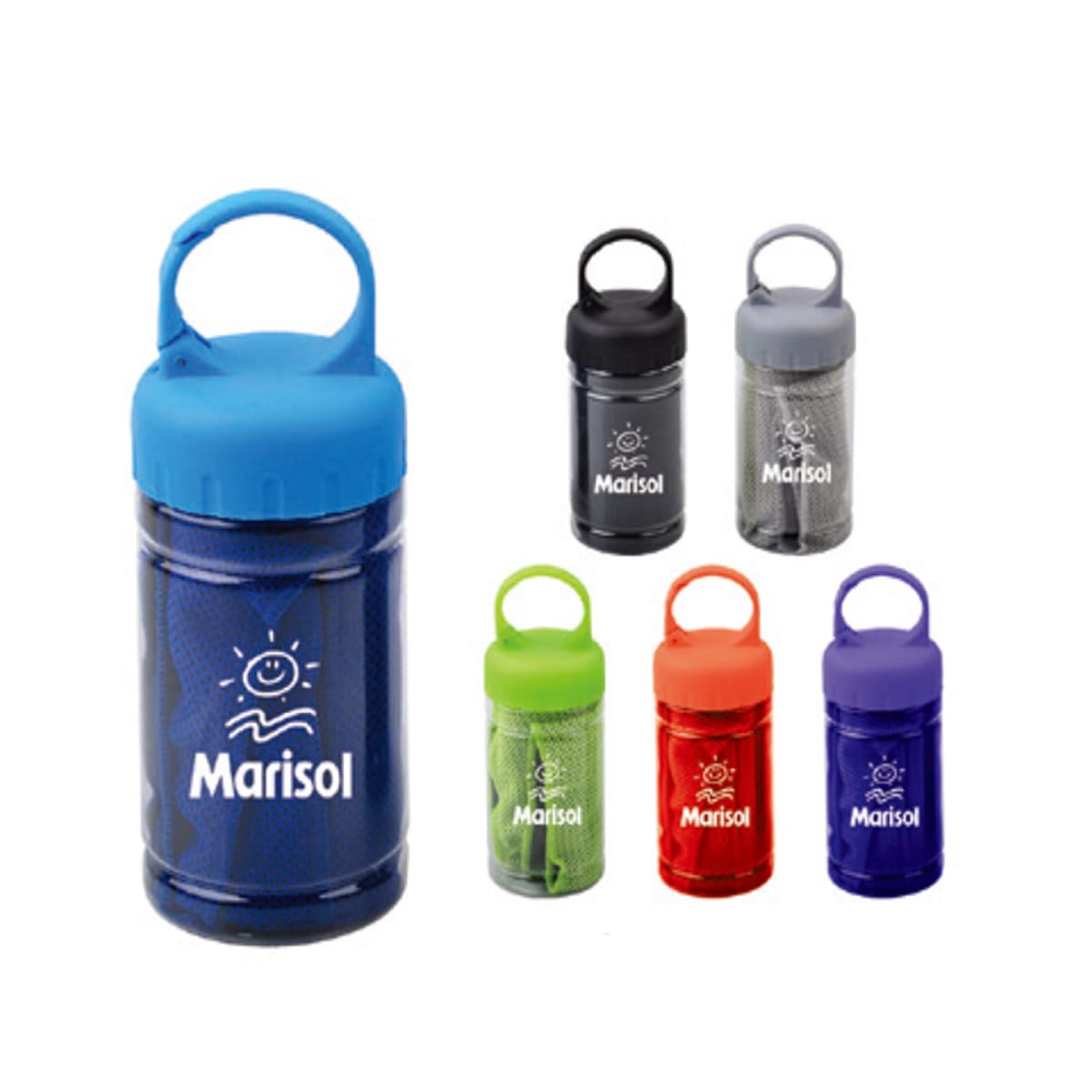 Colorful water bottles with logo and sun icon, available in six different colors.