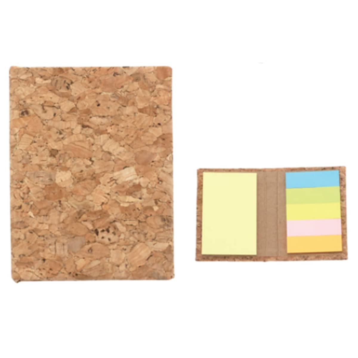 Cork notebook and set of colorful sticky notes on a white background.