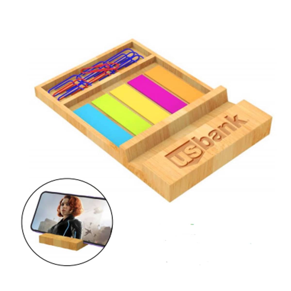 Wooden desk organizer with sticky notes, paper clips, and usbank logo.
