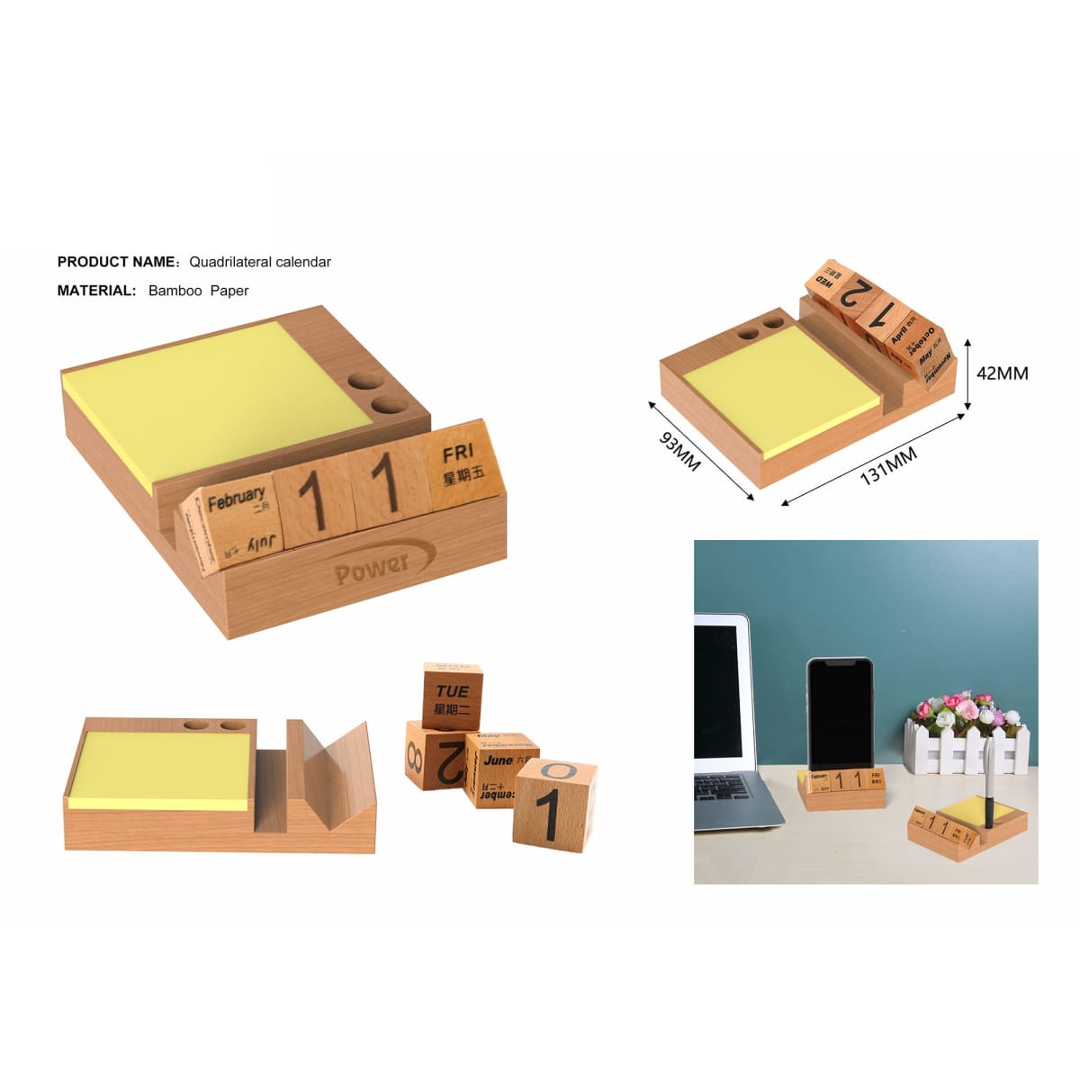 Desk calendar set with wooden blocks, sticky notes, and desktop layout.