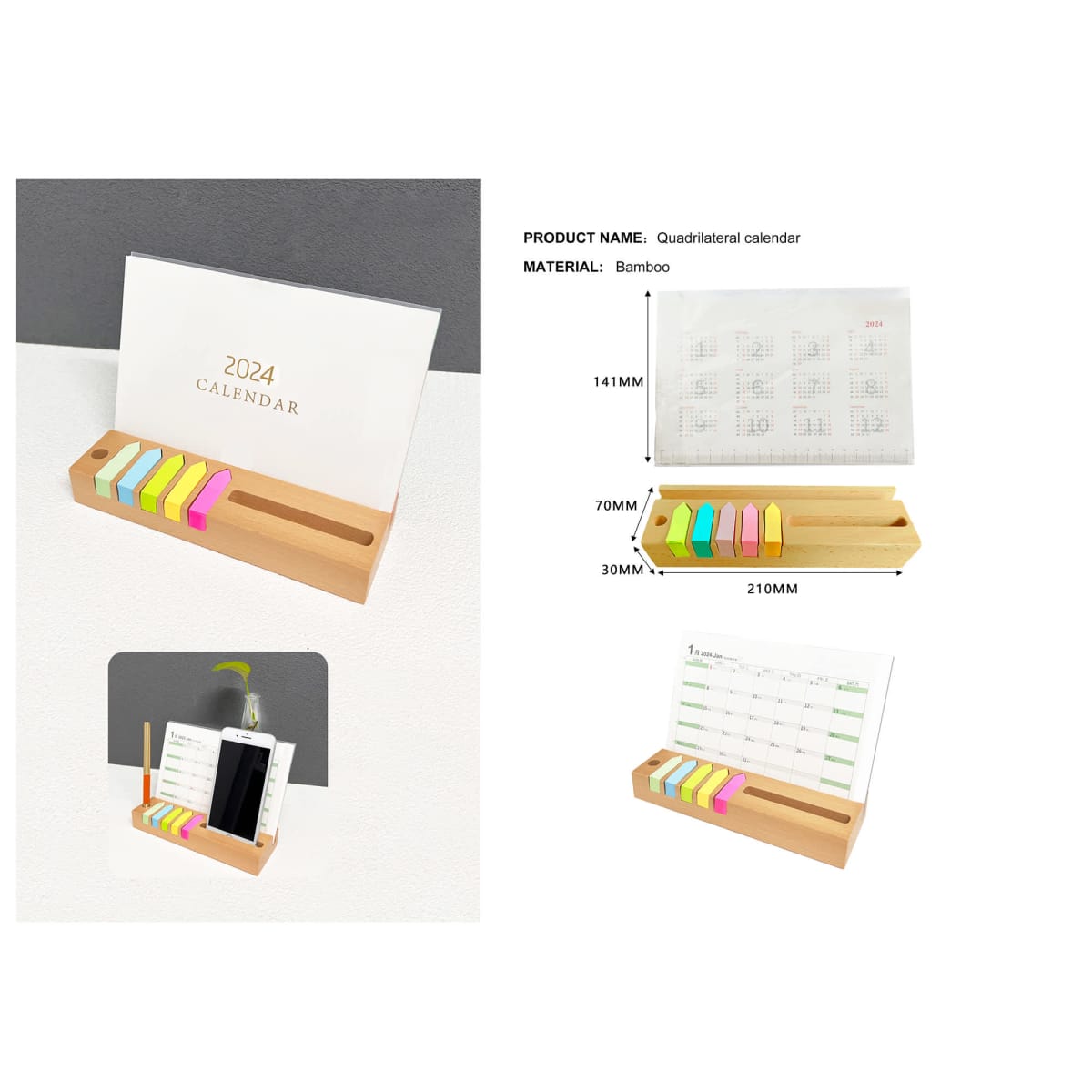 Bamboo desk calendar with sticky notes, notebook slot, and 2024 title.