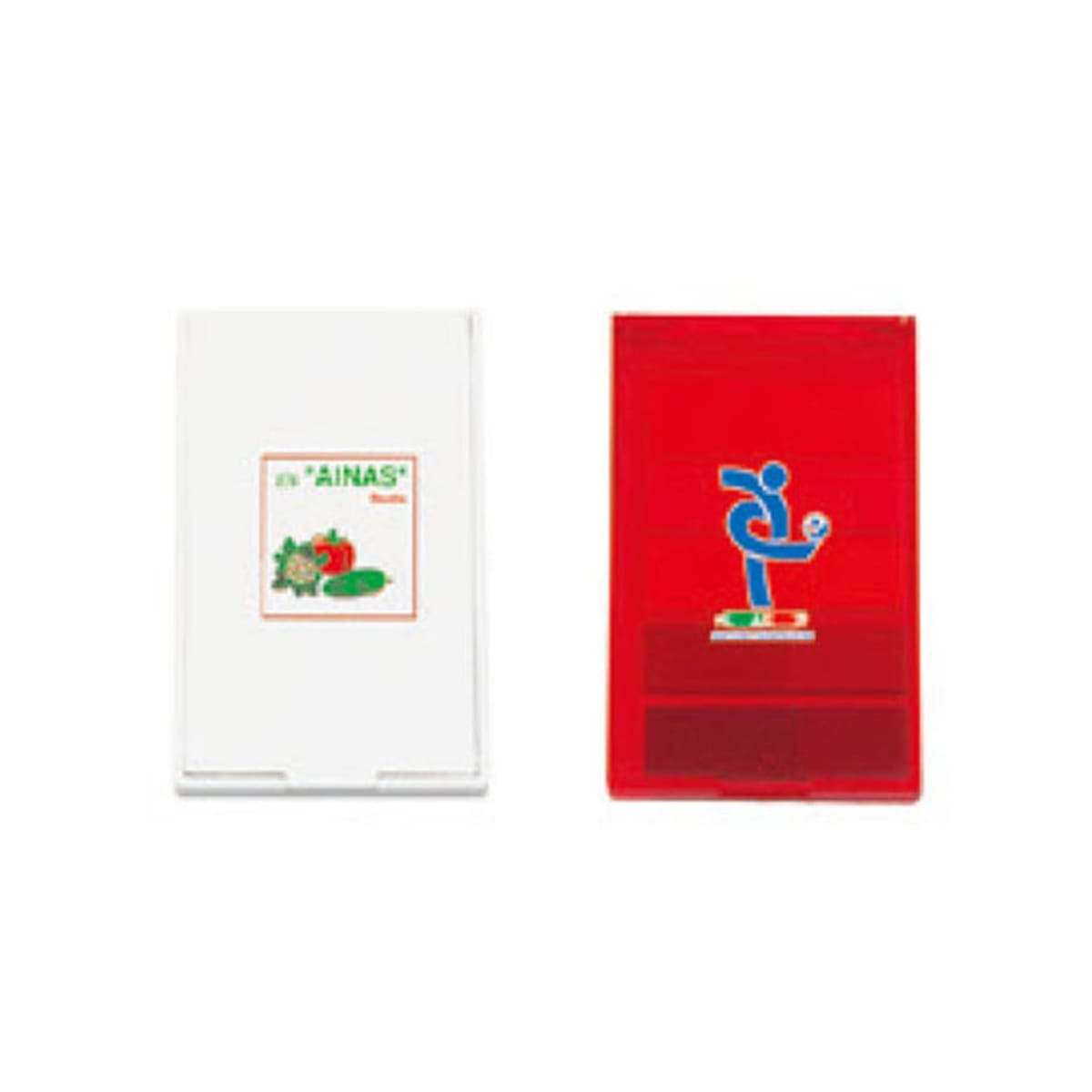 Two rectangular boxes, one white with text and one red with a blue logo.