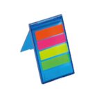 Colorful sticky notes in a blue holder with four neon strips.