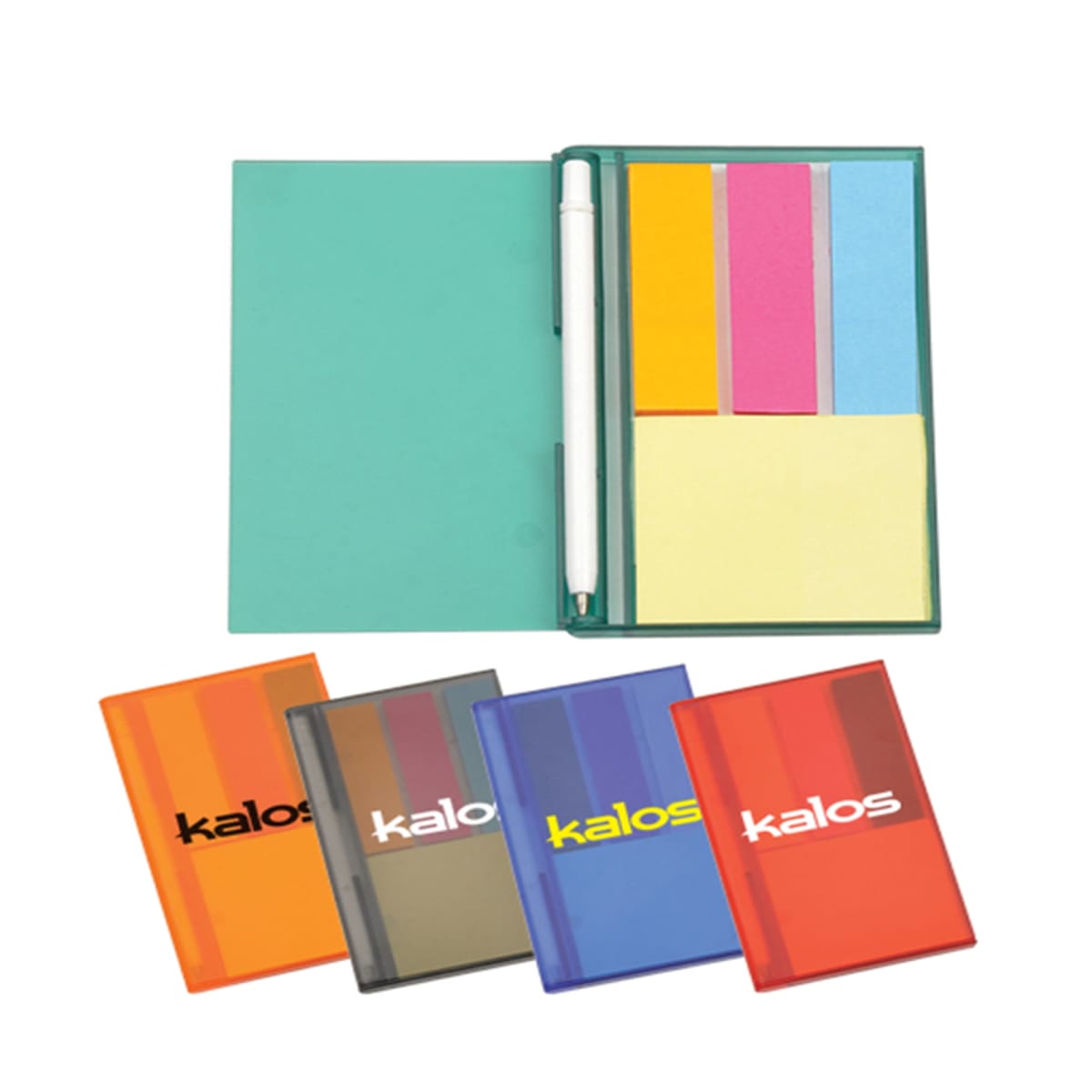 Colorful note set with sticky notes, pen, and five covers in various colors.