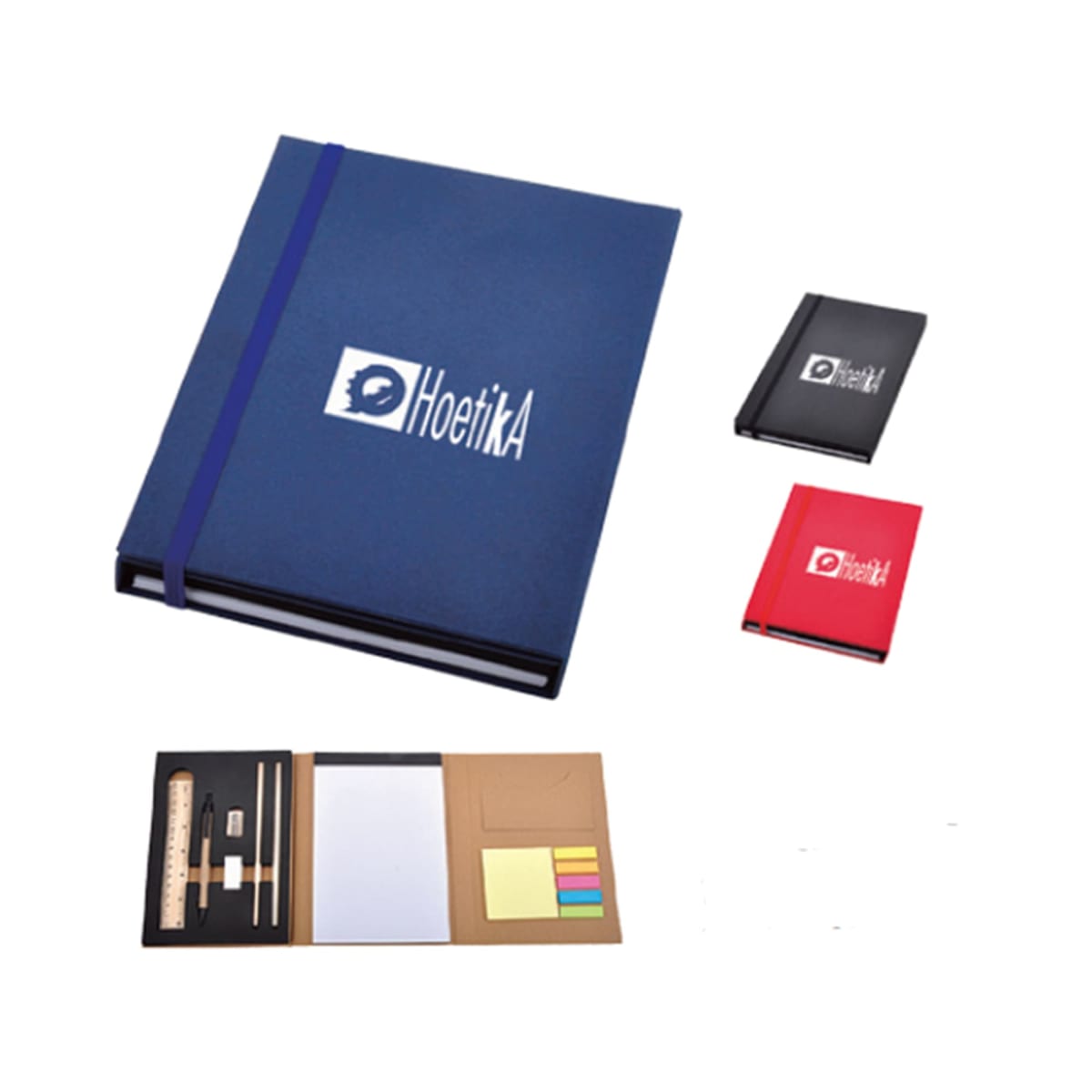 Stationery gift set with notebook, pen, ruler, and sticky notes in blue, black, and red options.