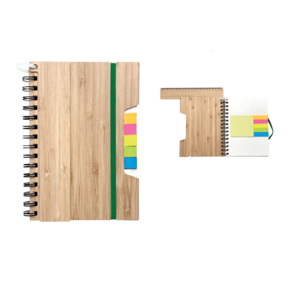 Wooden spiral notebook and ruler with colorful sticky notes, shown open and closed.